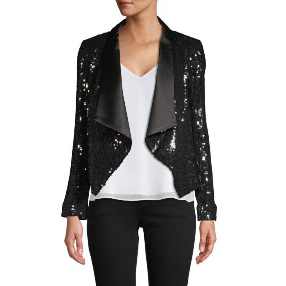 Alice + Olivia Warren Embellished Open-Front Jacket Sequins Black Size Small